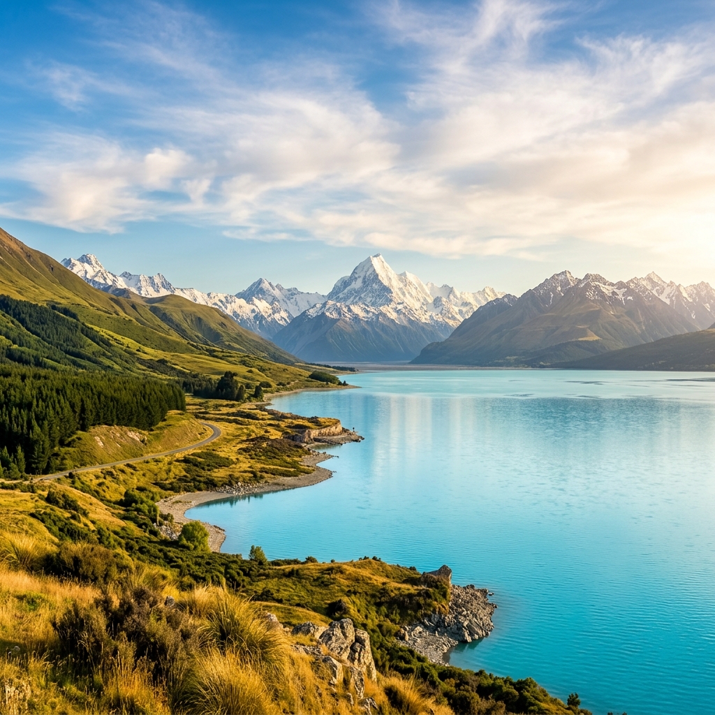 New Zealand landscape with mountains and lake